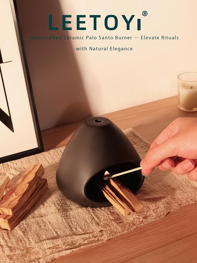 Ceramic Palo Santo Holder - Modern Incense Burner for Meditation,Yoga and Energy Cleansing - Wood Sticks Dish, Cone Burner - Inspired Home Decor Gift (Blak)