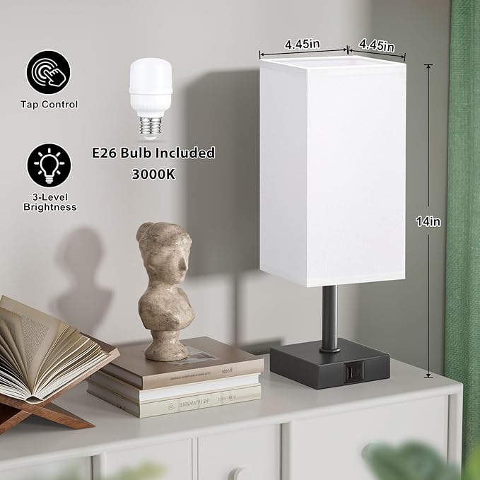 Ambimall Touch Control Table Lamp with USB A+C Charging Ports - 3 Way Touch Lamps Bedside, Nightstand Lamp for Bedrooms, LED Bulb Included(White Shade & Black Base)