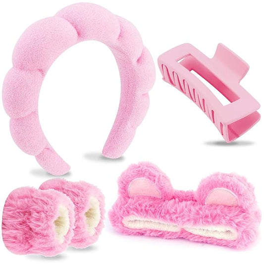 VELSCRUN Spa Headband, Makeup Face Wash Skincare Headbands, 5 Pcs Sponge Get Ready Bear Ears Hairband Facial Wristband Hair Clip Set, Stuff for Teen Girls Women Trendy Fashion Hair Accessories Pink