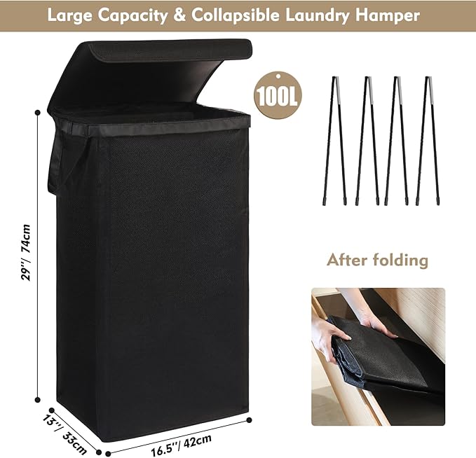 DOKEHOM 100L Laundry Basket with Lid and Removable Laundry Bags, Large Collapsible Laundry Hamper for Bedroom, Bathroom, Laundry Room, Colloge (Black)