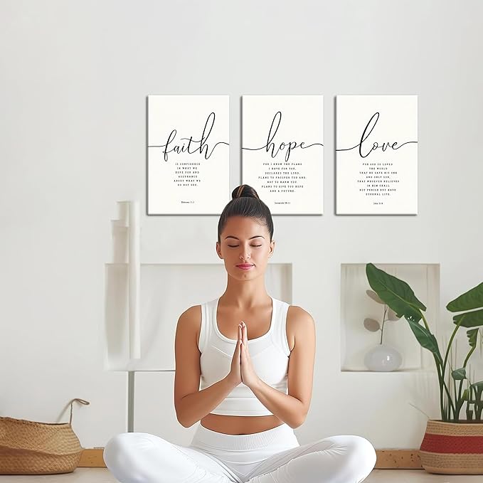 Farmhouse Bible Verses Wall Decor for Living Room - Minimalist Christian Scripture Wall Art Set of 3, Faith Hope Love Canvas Prints Religious Decor for Bedroom Office 12x16 inch Framed