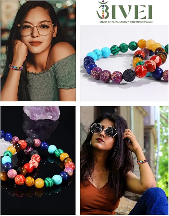 Bivei Natural Gemstone Semi Precious Healing Crystals Handmade Stretchy Round Beads Bracelet, Enhance Positive Energy