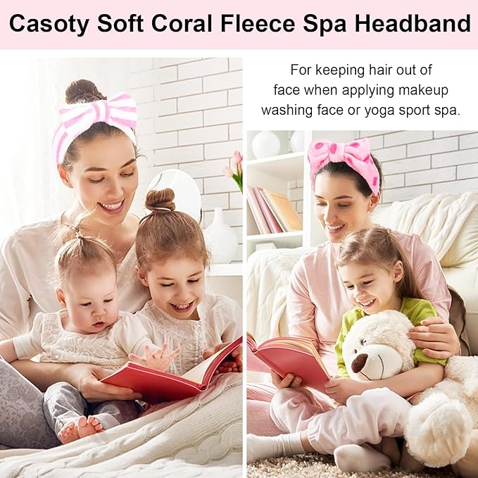 Casoty 12 Pcs Hair Makeup Headbands, Spa Headband for Washing Face, Soft Coral Fleece Headbands for Makeup, Bow Hair Band for Face Washing Shower Skin Care Yoga