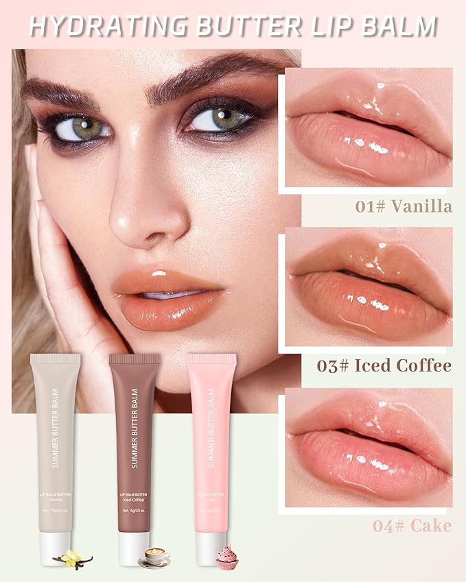 Hydrating Tint Lip Balm Summer Butter Kit, Vanilla Clear Sheer Beige Brown Pink Sugar Glossy Lip Gloss,Moisturizing Non-Sticky Jelly Lip Moisturizer,Glow Reviver Lip Care Oil,Gift for Women-Set D