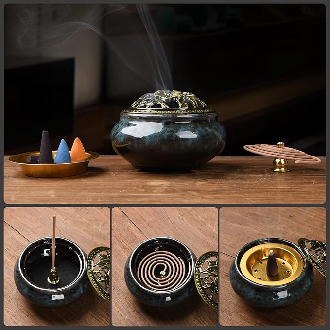 Ceramic Incense Burner with Incense Holder+Spacer Layer+Fireproof Cotton,Handmade Smudging Burn Bowl for Stick or Coil Incense,Sage Cones and Frankincense (Dark Blue)