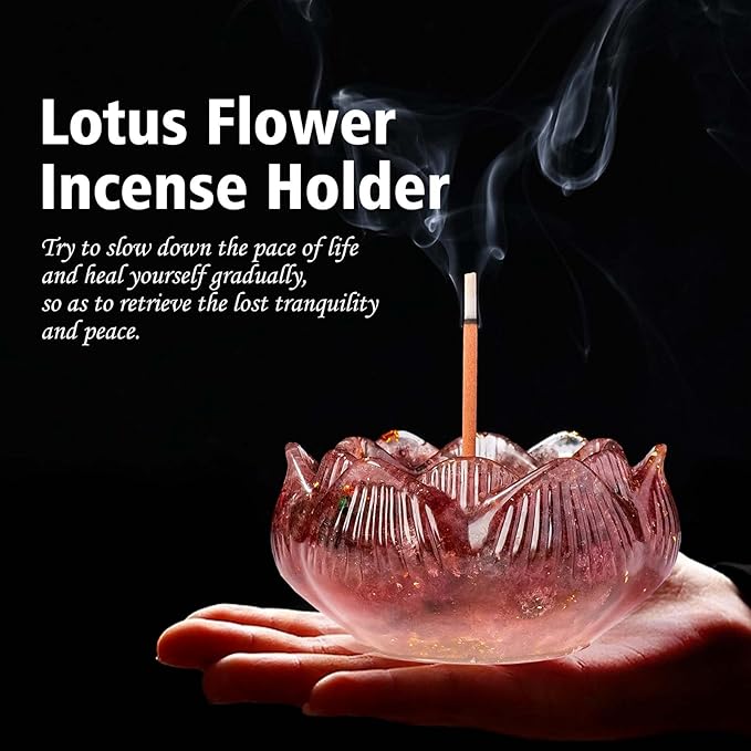 Incense Holder Burner with 40 Incense Sticks Resin Crystal Lotus Flower Incense Holder for Inserting Incense Removable Ash Collector for Meditation Room and Home Decor (Strawberry Quartz, 3.15")