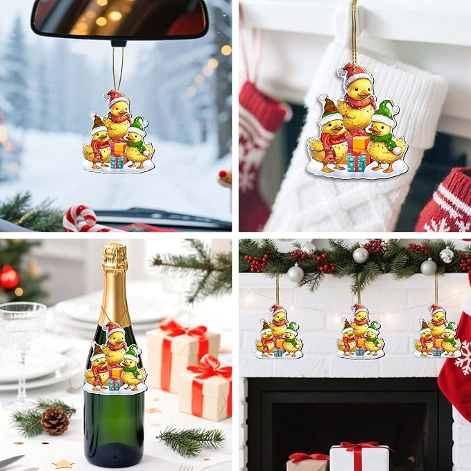 Family Duck Christmas Ornament for Christmas Tree, 2-Side Printed Flat Wooden Ornament, Farmhouse Christmas Decor, Farm Animal Gifts for Christmas Women