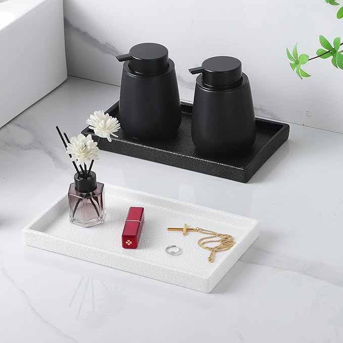 Bathroom Vanity Tray - 11'' Ceramic Rough-Textured Rectangle Countertop Tray, Heavy-Duty Perfume Organizer Plate, Jewelry Ring Tray, Kitchen Soap Dispenser Stone Trays, White