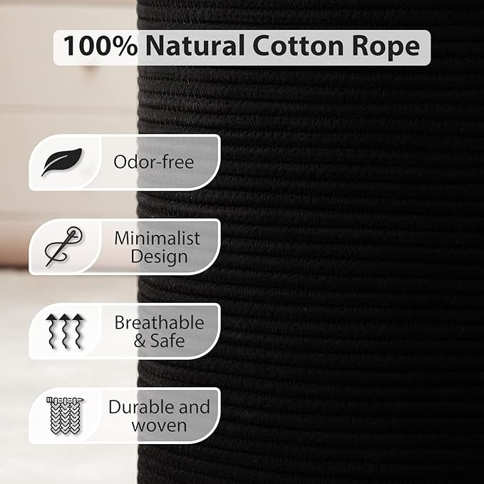 72L Large Woven Laundry Hamper by Fiona's magic, Tall Cotton Rope Storage Basket, Jute Baby Nursery Hamper for Blankets, Toys and Clothes in Bedroom and Living Room Organizing, Black