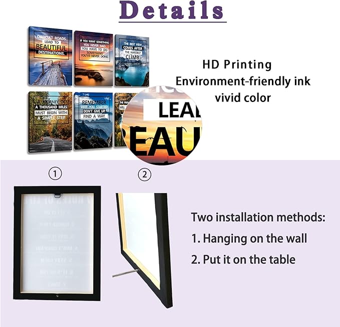 Inspirational Canvas Decoration Painting, landscape Canvas Wall Art，Suitable for Library, School, Gym,Office， Living Room Decor,6-Pack，Tabletop/Hanging(20.32 x 25.4 cm) Framed