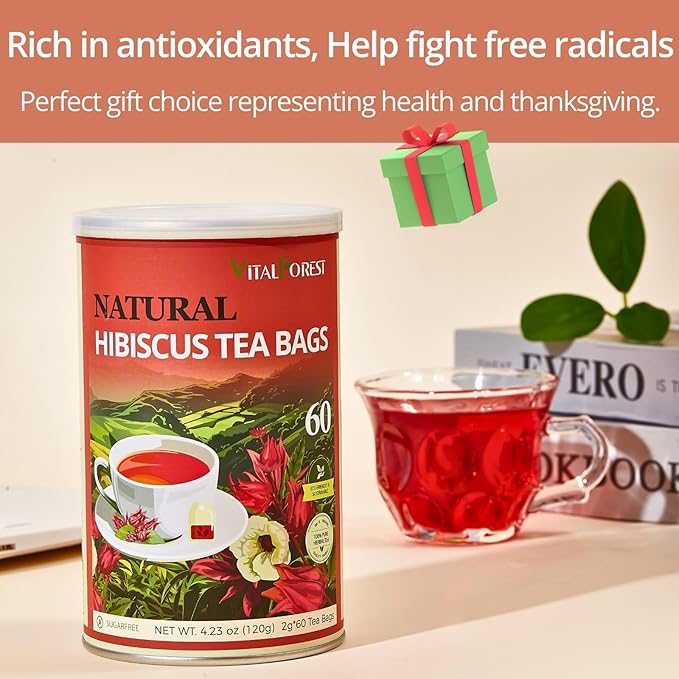 60 Hibiscus Flower Tea Bags, 2g/Bags, VitalForest Hibiscus Tea Roselle Tea, Natural Flor de Jamaica Flower, Caffeine Free, Non-GMO, Unbleached Bags, Canister Packaged