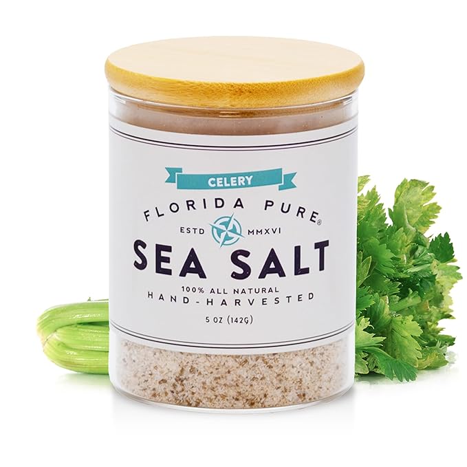 FLORIDA PURE Celery Sea Salt - 80+ Mineral Sea Salt, Natural, Unrefined, Non Iodized - for Baking, Cooking, Seasoning & Cocktail Rims - Rich Taste Flaky Sea Salt (5 oz Jar)