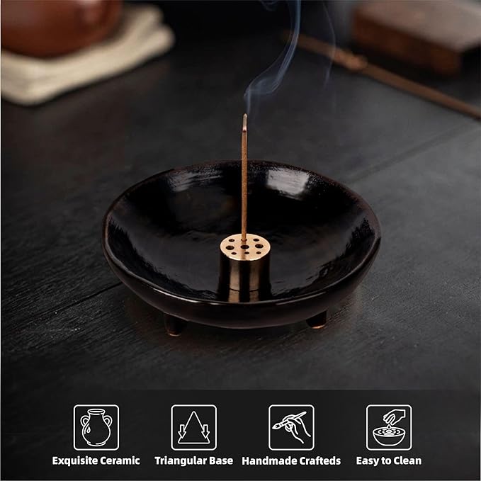 Incense Holder, Handmade Ceramic Incense Burner, 4.25-Inch Bowl with 9-Hole Design, Tripod Stability, Ash Catcher, Ideal for Meditation, Yoga, SPA, Heat-Resistant & Easy to Clean (Black)