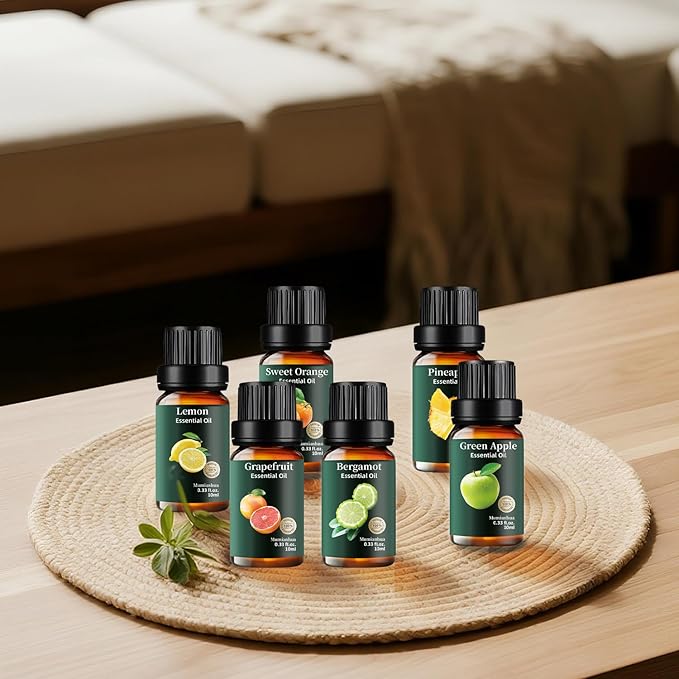 Fruity Essential Oils Set Pure, Mumianhua Lemon, Grapefruit, Orange, Bergamot, Pineapple, Green Apple Natural Aromatherapy Oil for Diffuser, Humidifier, Candle&Soap Making 6x10ml Vitality Morning Set