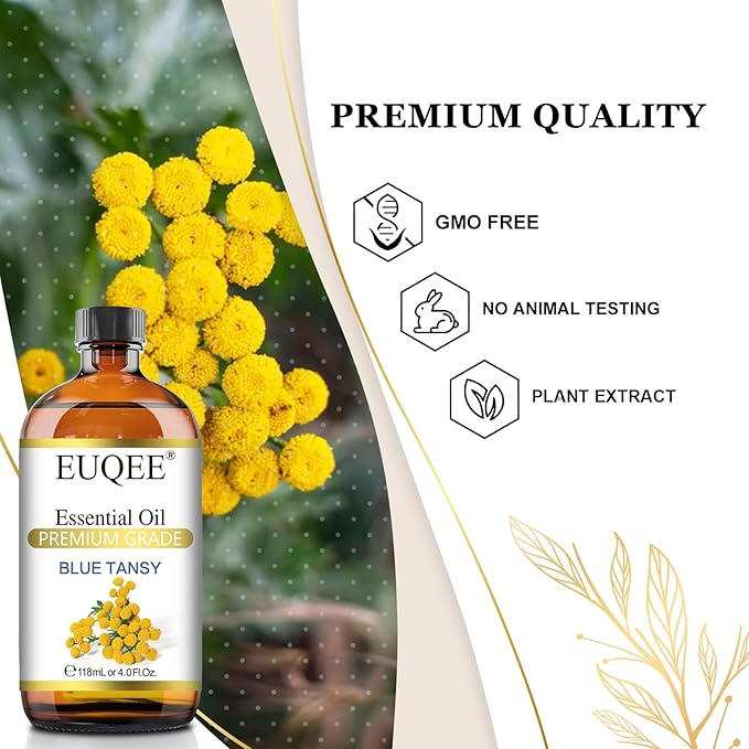 EUQEE Blue Tansy Essential Oil 118mL/4oz Pure Blue Tansy Oil Premium Essential Oil for Diffuser, Soap Making, Skin Care with Glass Dropper