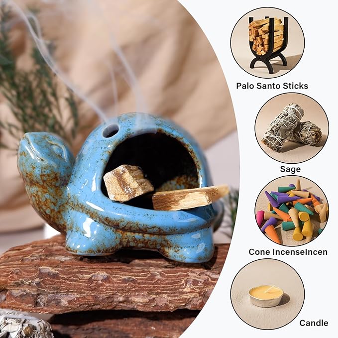 Blue Ceramic Turtle Palo Santo Burner - Mini Chiminea, Burns Palo Santo、Sage、Incense Cones, Doubles as Small Candle Holder for Energy Cleansing、Yoga、Meditation、Zen、Altar Aromatherapy