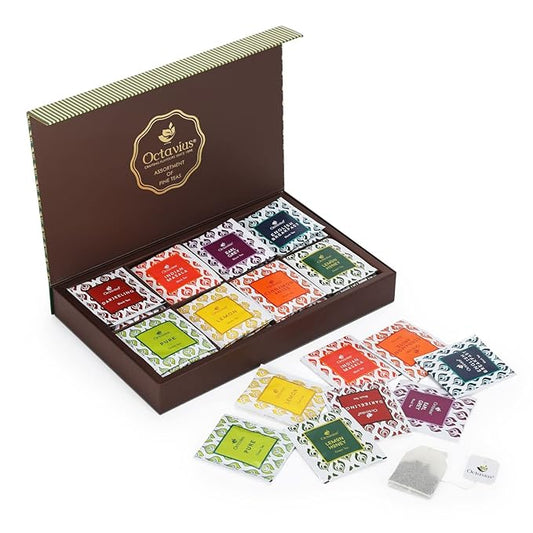 Octavius Tea Sampler Pack | 8 Assorted Black & Green Teas | 48 Teabags | Tea Sampler Variety Pack | Pack of 1