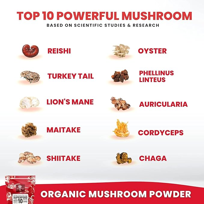 Organic Mushroom Powder Extract -Superfood 10 Supplement 14x Stronger 100% Pure USDA Immunity Booster- Reishi, Chaga, Cordyceps, Shiitake, Lions Mane, Turkey Tail and More. Add to Coffee/Tea 60 Grams