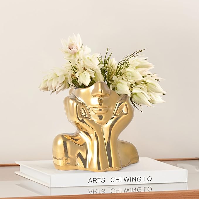 Gold Ceramic Human Face Decorative Vase - Shy Posture Modern Art Desktop Display for Bookshelf, Living Room, Office, Bedroom