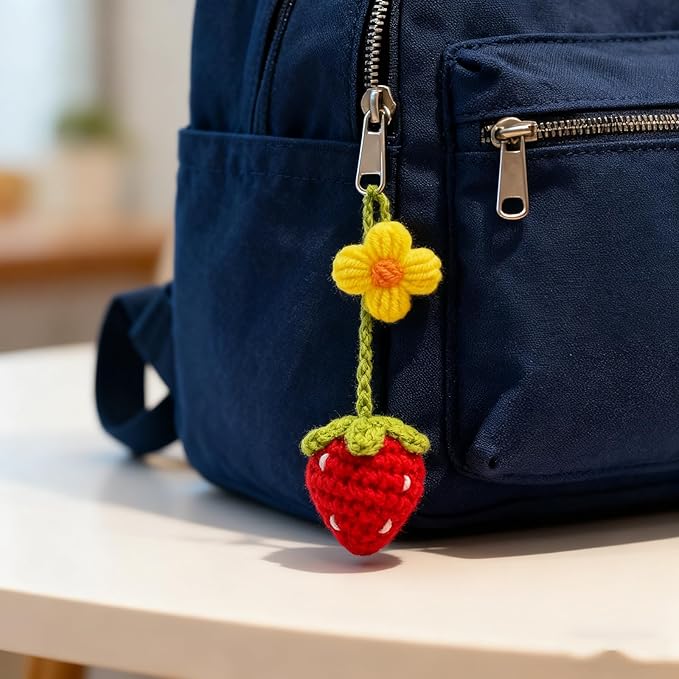 Crochet Strawberry and Flower Car Hanging Ornaments, Cute Aesthetic Rearview Mirror Hanging Accessories for Women and Girls, Handmade Polyester Fiber Car Decor 2-Pack (Red)