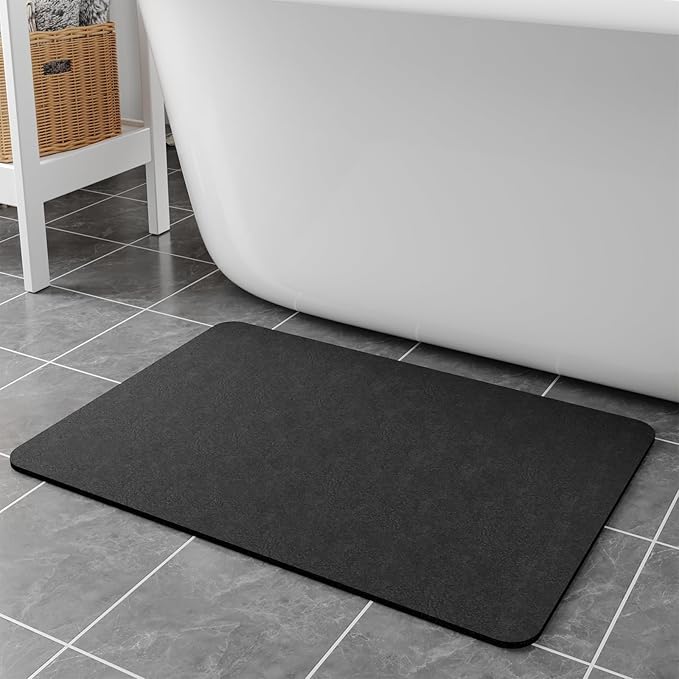 Diatomaceous Earth Bath Mat - 24x17, Quick Dry Absorbing Rubber Non Slip Thin Bathroom Rug, Fit Under Door, For Bathroom Floor, Tub, Shower, Sink, Dark Grey