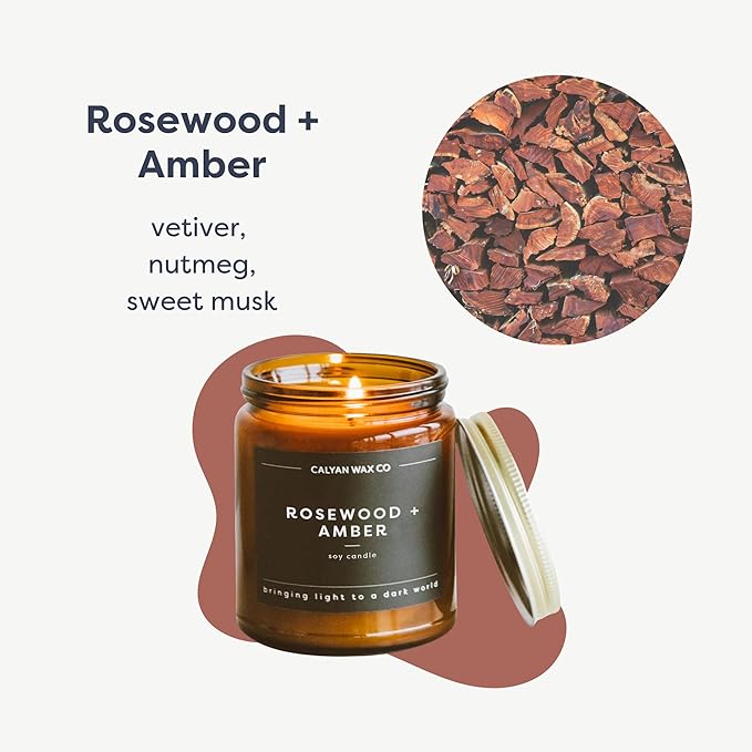 Calyan Wax Co. Soy Wax Candle, Rosewood + Amber Scented Candle, 57 Hour Burn Time, Aromatherapy Soy Candles, Non Toxic & Vegan Soy Wax, Amber Glass Jar Scented Candles, 7.2oz
