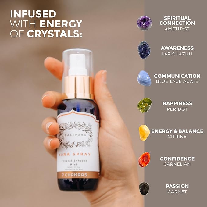 BALIPURA - 7 Chakra Aura Crystal Mist Spray with Frankincense, Sweet Orange, and Frangipani - Energy Cleansing and Spiritual Harmony