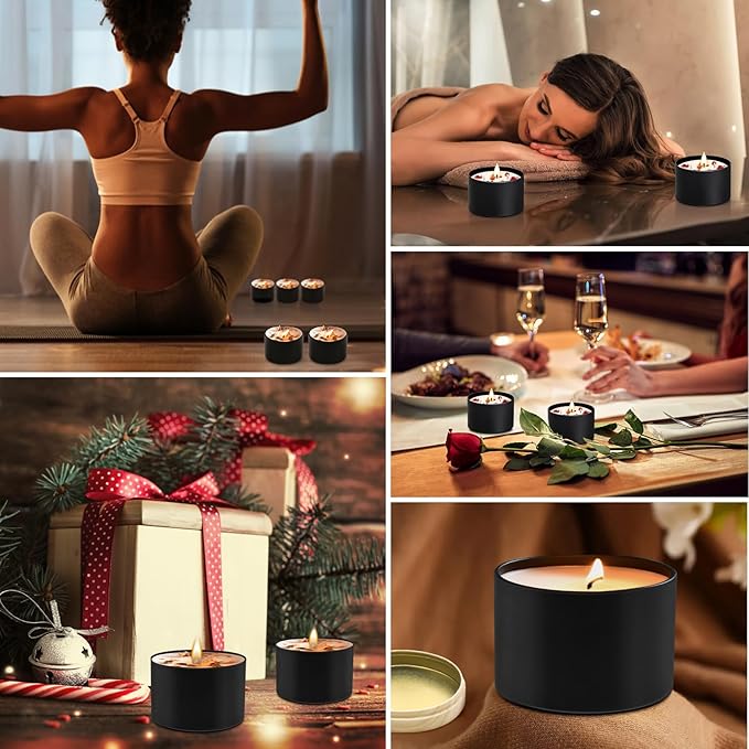 24-Pack Candle Jars, 12pcs 8oz + 12pcs 4oz Candle Tins with Metal Wood-Grain Printing Lids, Empty Candle Jars for Making Candles Bulk Candle Containers - Black