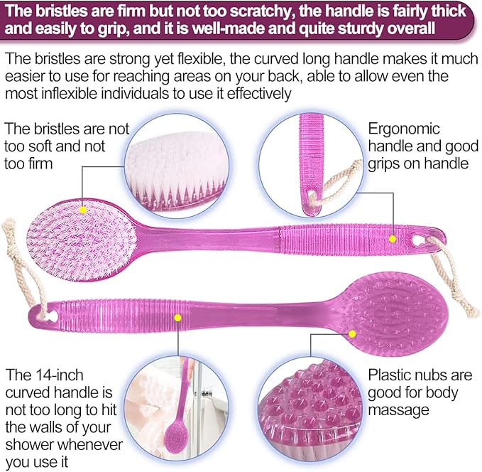 Back Bath Brush - Curved Long Handle Shower Brush with Medium Stiff Bristles for Exfoliating Body, Back Scrubber for Men & Women (Pink 2 Pack)