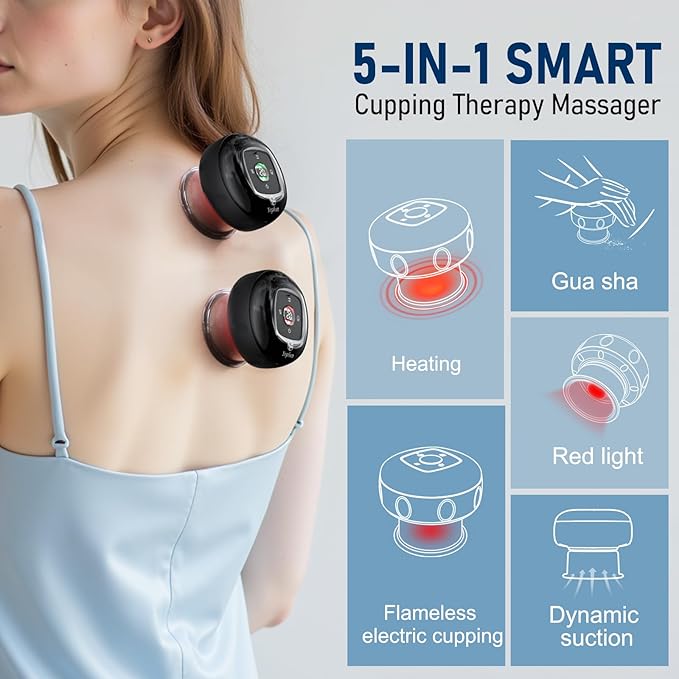 5-in-1 Smart Dynamic Cupping Set, 12 Levels Cupping Kit for Massage Therapy with Red Ligh-t Therapy&Heat Penetrates for Targeted Pain Relief, Knots, Aches, Muscle Soreness - 1Pcs(Black)