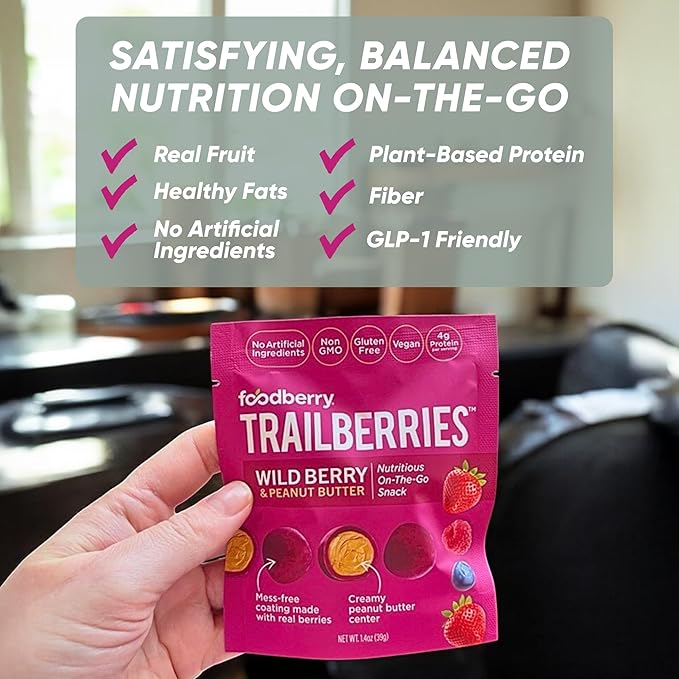 Foodberry Peanut Butter Trailberries, Nutritious Snack, Delicious Bites of Creamy Peanut Butter Coated in Real Fruit (Like Softer Fruit Leather), 4g Protein, 4g Fiber, Pack of 6