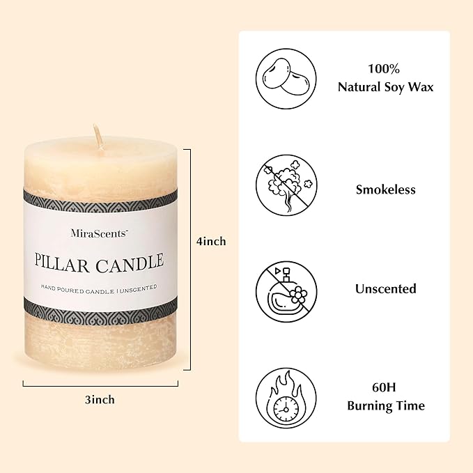 3x4 Inch Ivory Pillar Candles Set of 3 - Hand-Poured Unscented Candles, Long Clean Burning, Large Big Candle, Smokeless Dripless Candle for Dinner Table, Wedding, Home, Bathroom, Rustic Decor