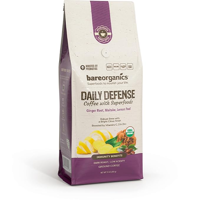Daily Defense Organic Ground Bagged Coffee – Coffee with Maitake, Ginger Root, Lemon Peel & Superfoods – Healthy Mold Free Probiotic beverage, Vegan, Gluten Free