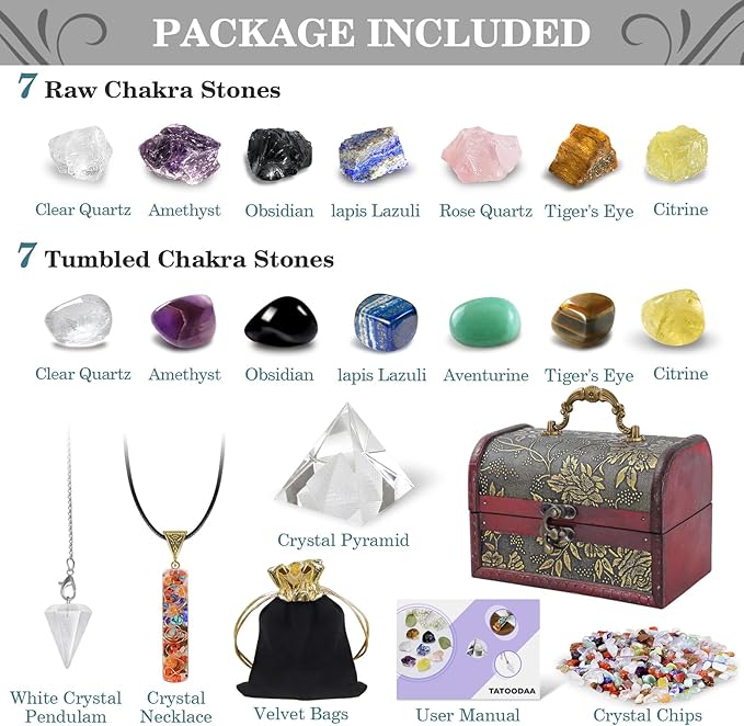 Crystals and Healing Stones, 21 Pcs Healing Crystals Set, 7 Chakra Crystal Stones Set Real Natural Raw Selenite Pyramid Reiki Energy Meditation Chakra Kit with Wooden Box, Crystal Gifts Set for Women