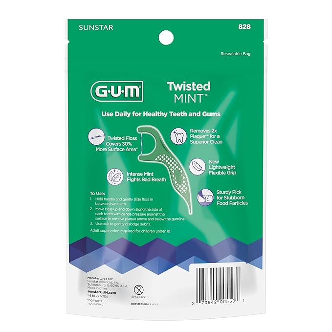 GUM Twisted Mint Floss Picks - Twisted Threads, Shred-Resistant Floss, Easy Grip Handle, 90 Count(Pack of 6)