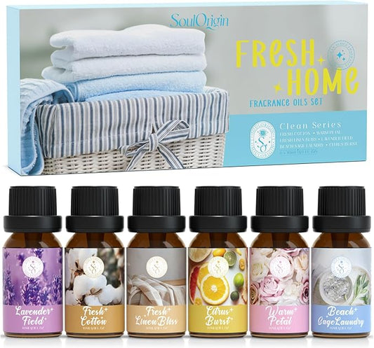 Clean Essential Oils Set, SoulOrigin Fragrance Oil Gift Set for Oil Diffusers, Scented Oils 6x10ml - Beach Sage Laundry Detergent, Citrus Burst, Lavender Fields, Fresh Linen, Warm Petals, Fresh Cotton