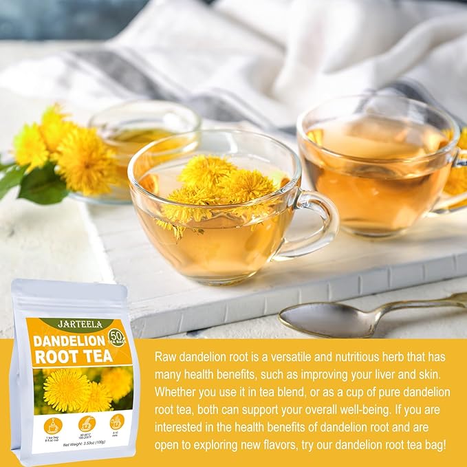 Jarteela Dandelion Root Tea - 2g Pyramid Bags, 50 Count - Raw, Non-GMO, Caffeine-Free