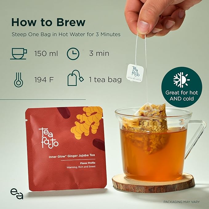Tea Facto Inner Glow* Jujube Ginger Tea Bags with Dried Ginger Roots and Red Dates - Natural Fiber, Zero Added Sugar, Zero Caffeine - 10 Count