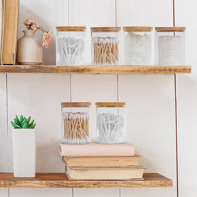 6 Pack Glass Qtip Holder Dispenser Set - Apothecary Jars with Lids for Vanity Makeup Organizer - Bathroom Canister Storage Organizer for Cotton Ball, Cotton Swab, Cotton Round Pads,Floss