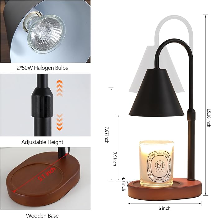 Black Candle Warmer Lamp with Timer and Dimmer,Mother's Day/Birthday/Christmas Gifts for Mom/Wife,Electric Wax Melt Warmer,Home Decor,Scented Jar Lamp,Adjustable Height,with 2 Bulbs