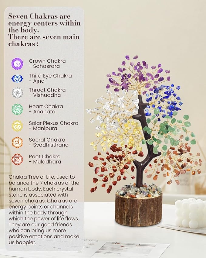 7 Chakra Crystal Tree of Life - Unique Birthday Gifts for Women, Healing Crystal Trees for Home Decor, Office Desk Decor, Positive Energy Spiritual Crystals and Healing Stones, Thumb Worry Stone