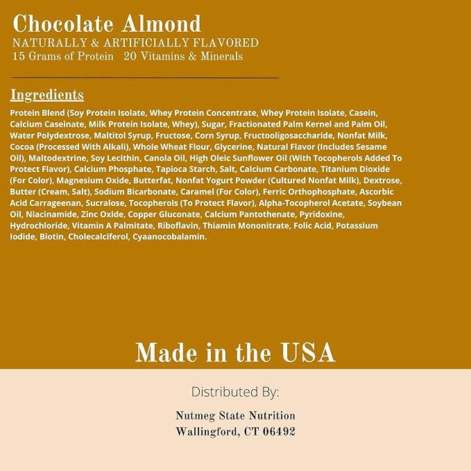Nutmeg State Nutrition High Protein Bars, 7 Servings Per Box (1 Box (7 Servings), Chocolate Almond)