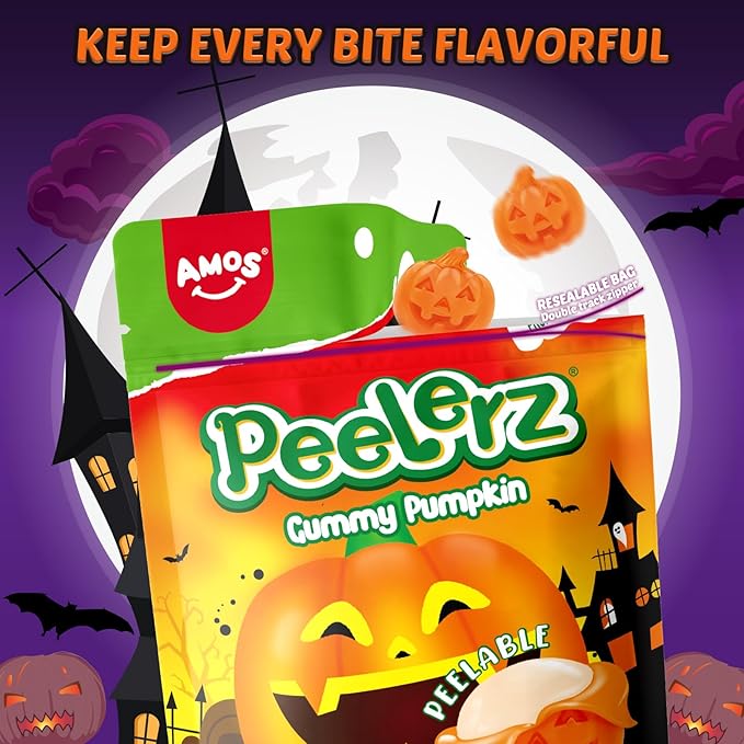 AMOS Peelerz Halloween Gummy Pumpkins, Peelable Orange Flavor Candy, Made with Real Fruit Juice, 6oz Resealable Bag