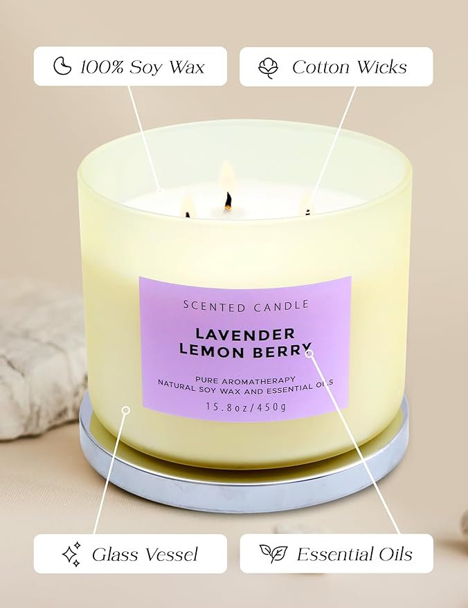 Lavender Lemon Berry Scented Candle | Large Aromatherapy Stress Relief 3 Wick Candles | Highly Scented Soy Candle for Home 15.8 oz | Soothing & Long Lasting Calming Lavender Candles for Women & Men