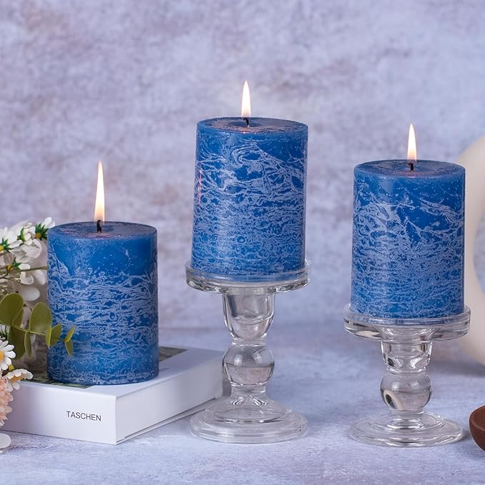 KONNI Blue Pillar Candles Set of 3, 3"x 4" Unscented Pillar Candles Bulk, 39 Hours Long Burning Candles, Smokeless & Dripless Round Candle for Wedding, Home Decoration, Parties, Spas, Dinner