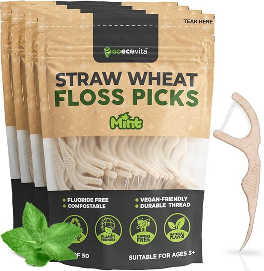 Dental Floss Picks - Straw Wheat Handle Flossers | Thin & Shred-Resistant Thread for Tight Gaps | Flossers for Adults | Gentle on Gums & Teeth | Vegan (200 Pack, Mint)