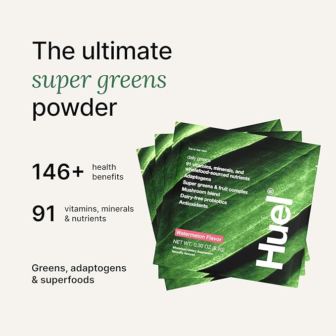 Huel Daily Greens Single Serve Watermelon| Superfood Greens Powder | 91 Vitamins, Minerals, and Wholefood-Sourced Ingredients | Adaptogens, Antioxidants, Gut-Friendly Probiotics | 12 Pack