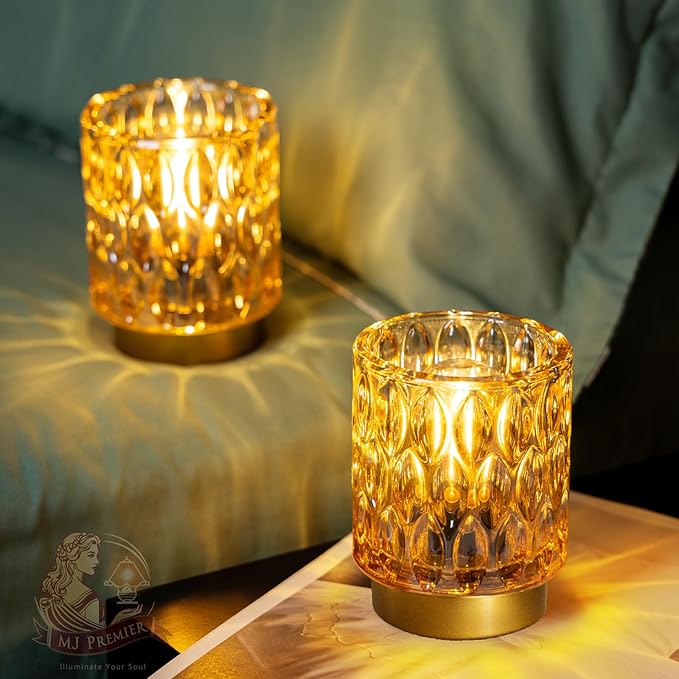 Battery Operated Table Lamps Timer, Mini Crystal Lamp for Area No Plug, Cordless Lamp with LED Bulb for Power Outage, Decorative Lamps for Tabletop/Corner/Entryway/Stairway/Bathroom/Fireplace(2*AMBER)