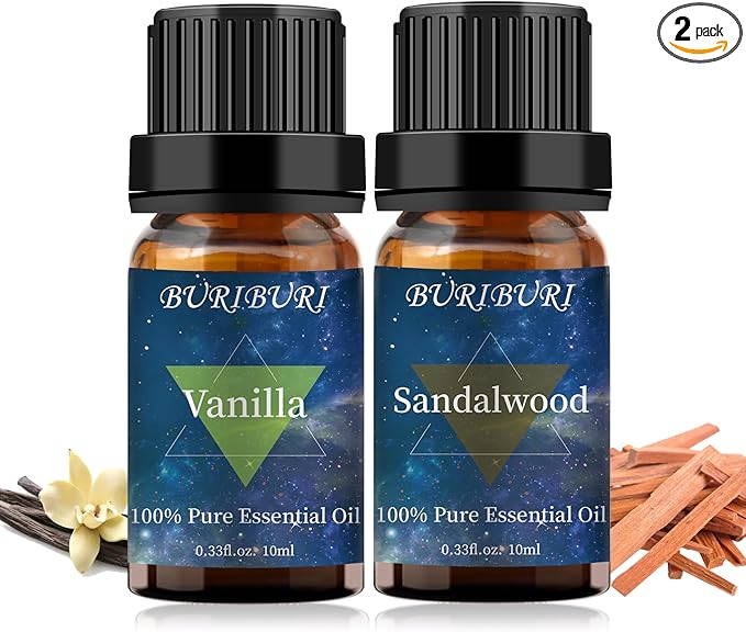 BURIBURI Sandalwood Oil Essential and Vanilla Essential Oil Gift Set, 100% Pure, Undiluted, Natural, Organic Aromatherapy Essential Oils 10ML