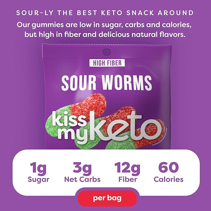 Kiss My Keto Sour Gummy Worms, 16-Pack – Satisfy Cravings while Staying in Ketosis – High Fiber, 3g Net Carbs, Non-GMO, Vegan, & No Gluten – Fruity Sugar Free Gummies